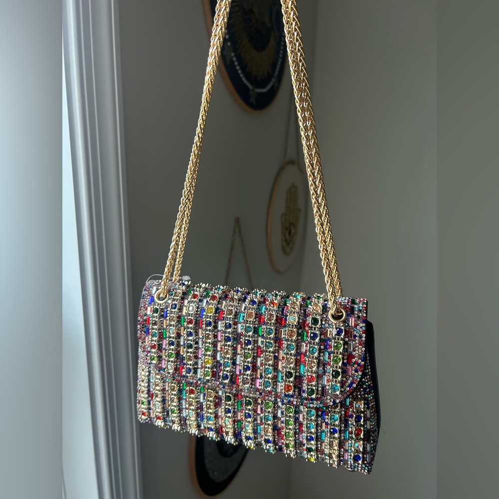 Catherine Malandrino colorful Rhinestone Beaded gold chain Shoulder Bag